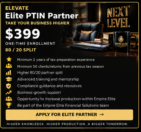 Elite PTIN Partner — $399 — 80/20 Split